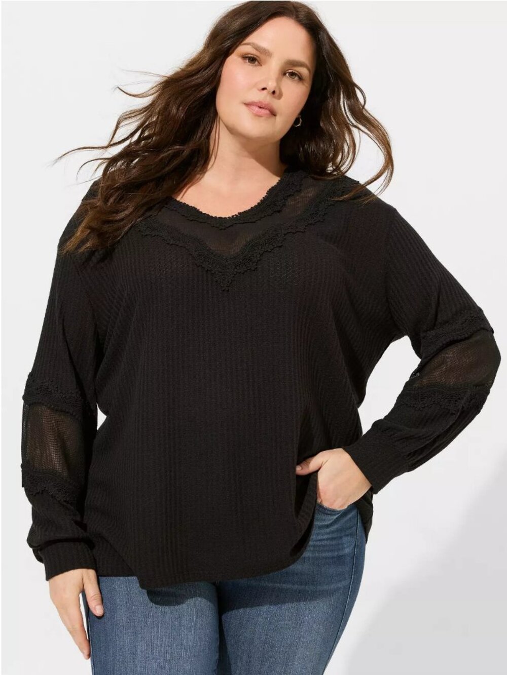 Torrid Waffle Knit V-Neck Long Sleeve Mesh Inset Sweatshirt Top Black Size 3X